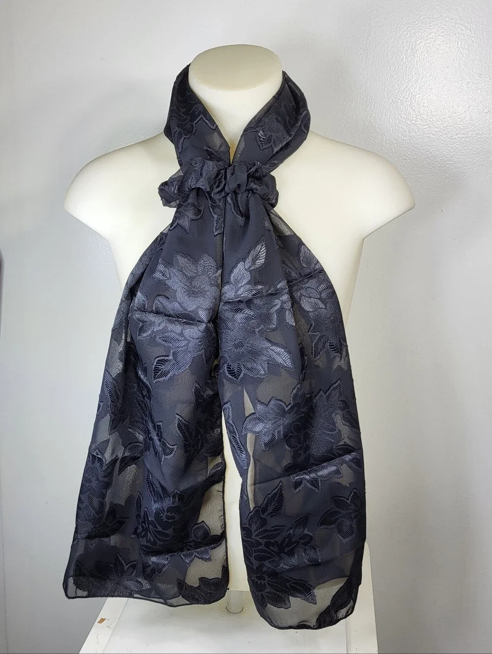 E. Amster Satin Elegant Black Floral Sheer Scarf With Scrunchy